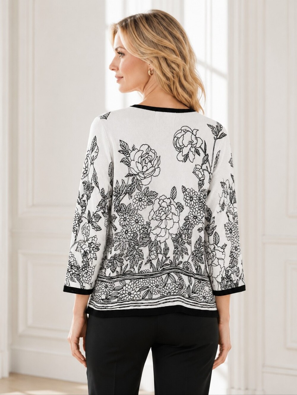 Cathy Daniels Floral Knit Sweater Size Large Black & White 3/4 Sleeve Lightweigh - Picture 2 of 8